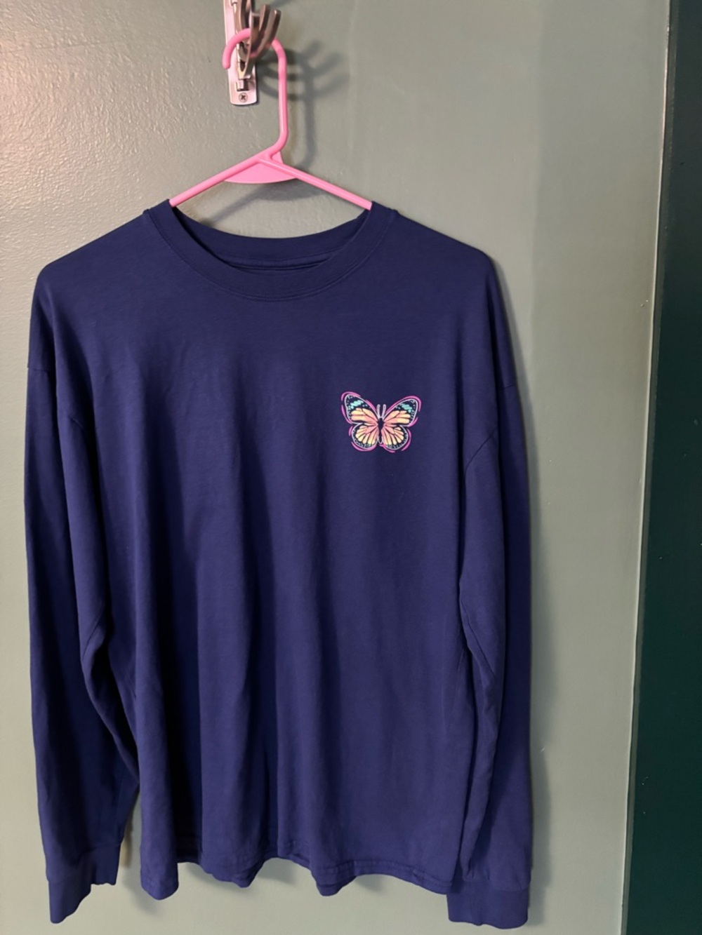 Girls' Navy Long-Sleeve Tee with Colorful Butterfly Motif